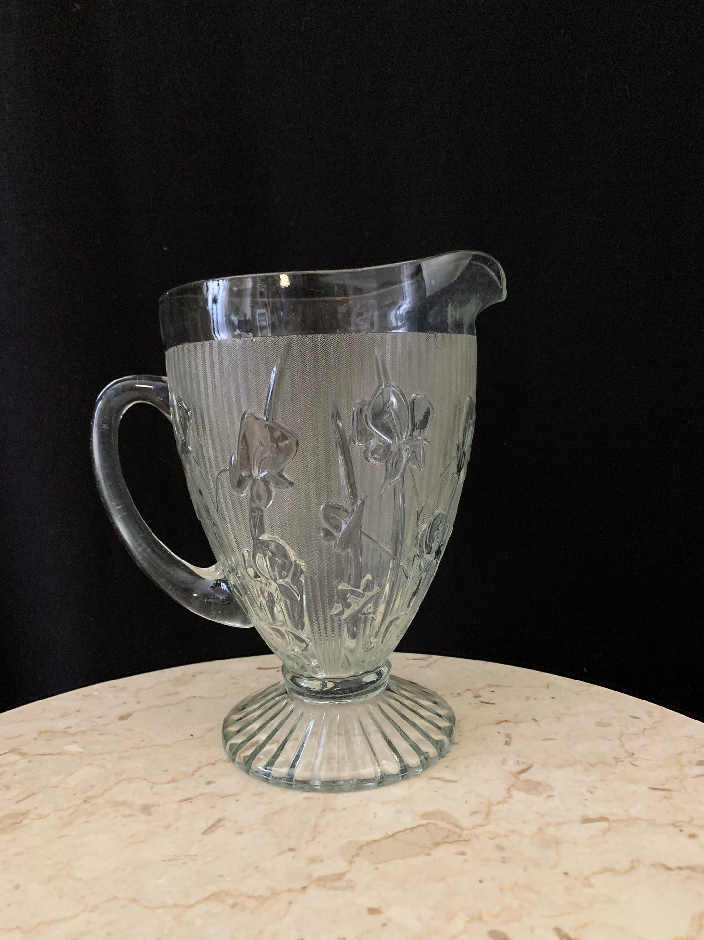 Iris and Herring Bone Large Water Jug Depression Glass Pitcher Jeanette Glass 56 oz Lemonade Pitcher