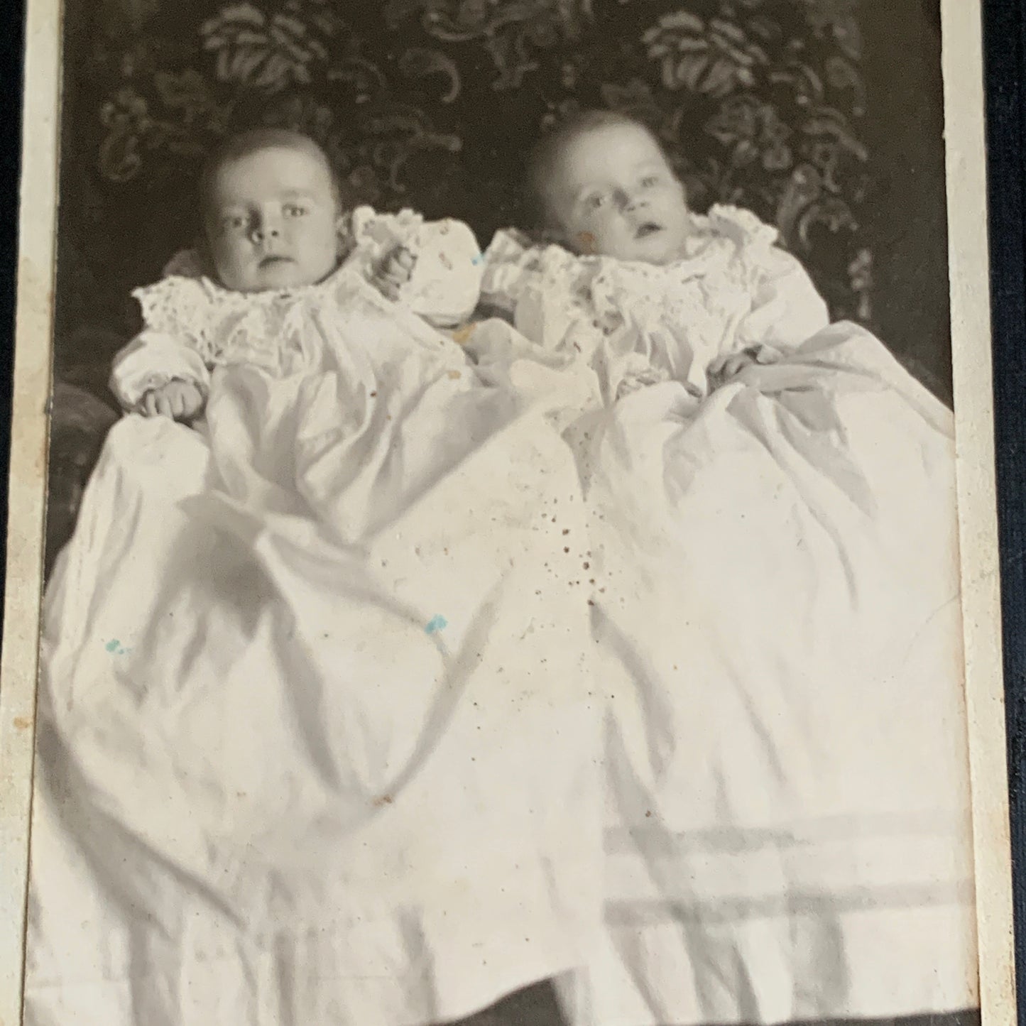 Antique Cabinet Card Black and White Christening Photo Twins Baby Photo