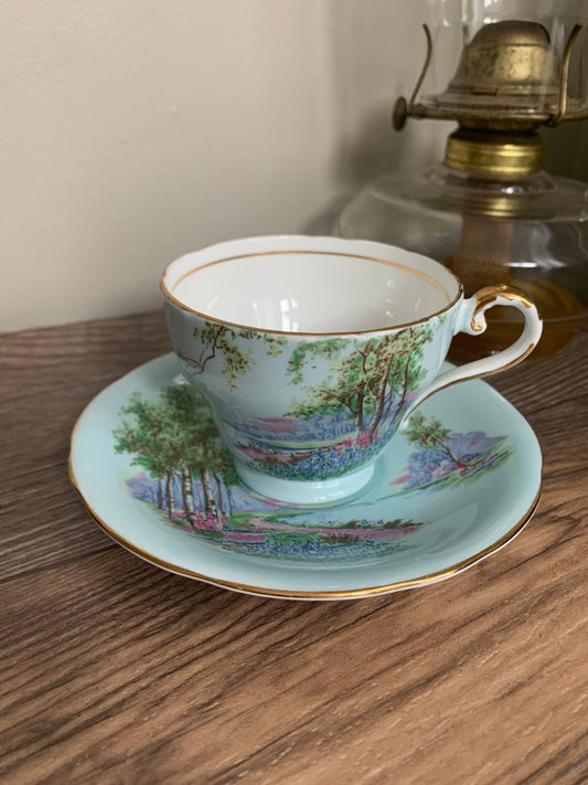 Blue Vintage Teacup with River Scene Aynsley Tea Cup