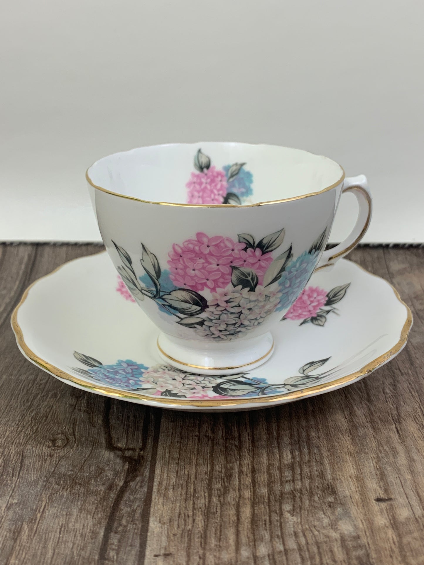 Vintage Teacup with Pink and Blue Hydrangeas