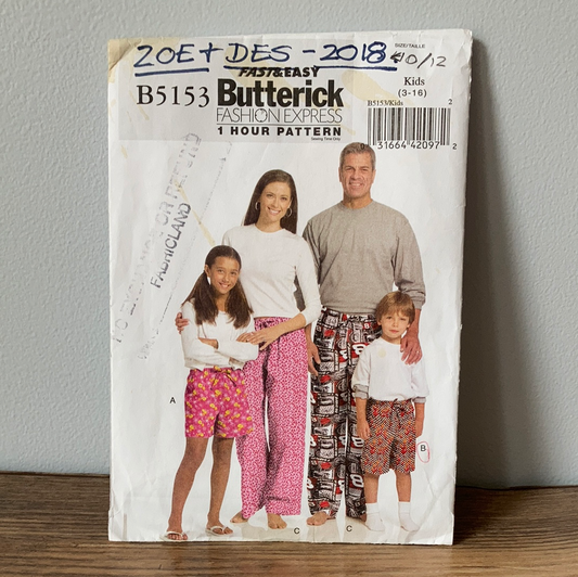 Unisex Childrens Pajama Shorts and Pants Sewing Pattern Size 3 to 16 Butterick 5153