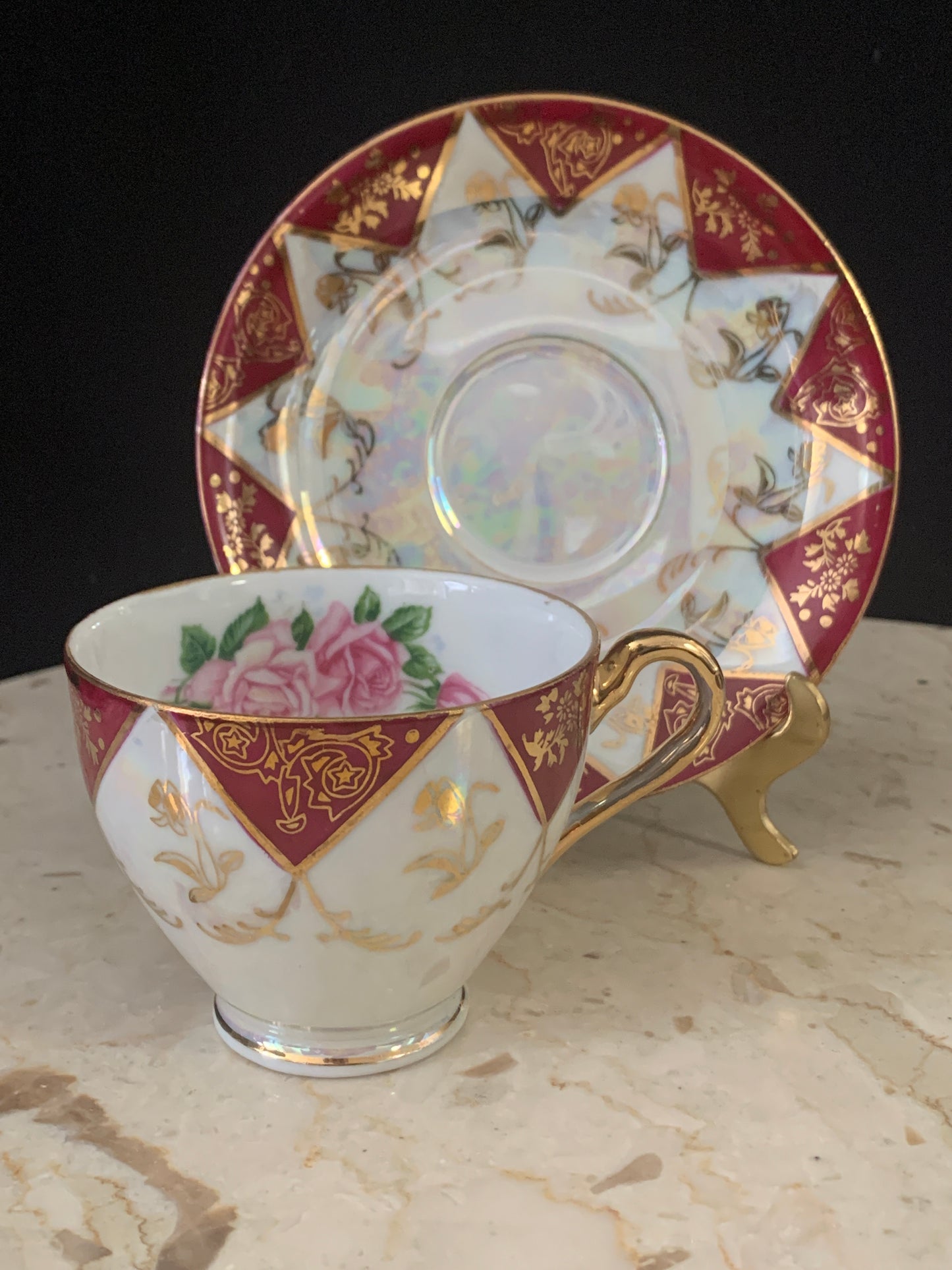 Burgundy Luster Ware Tea Cup and Saucer Made in Japan