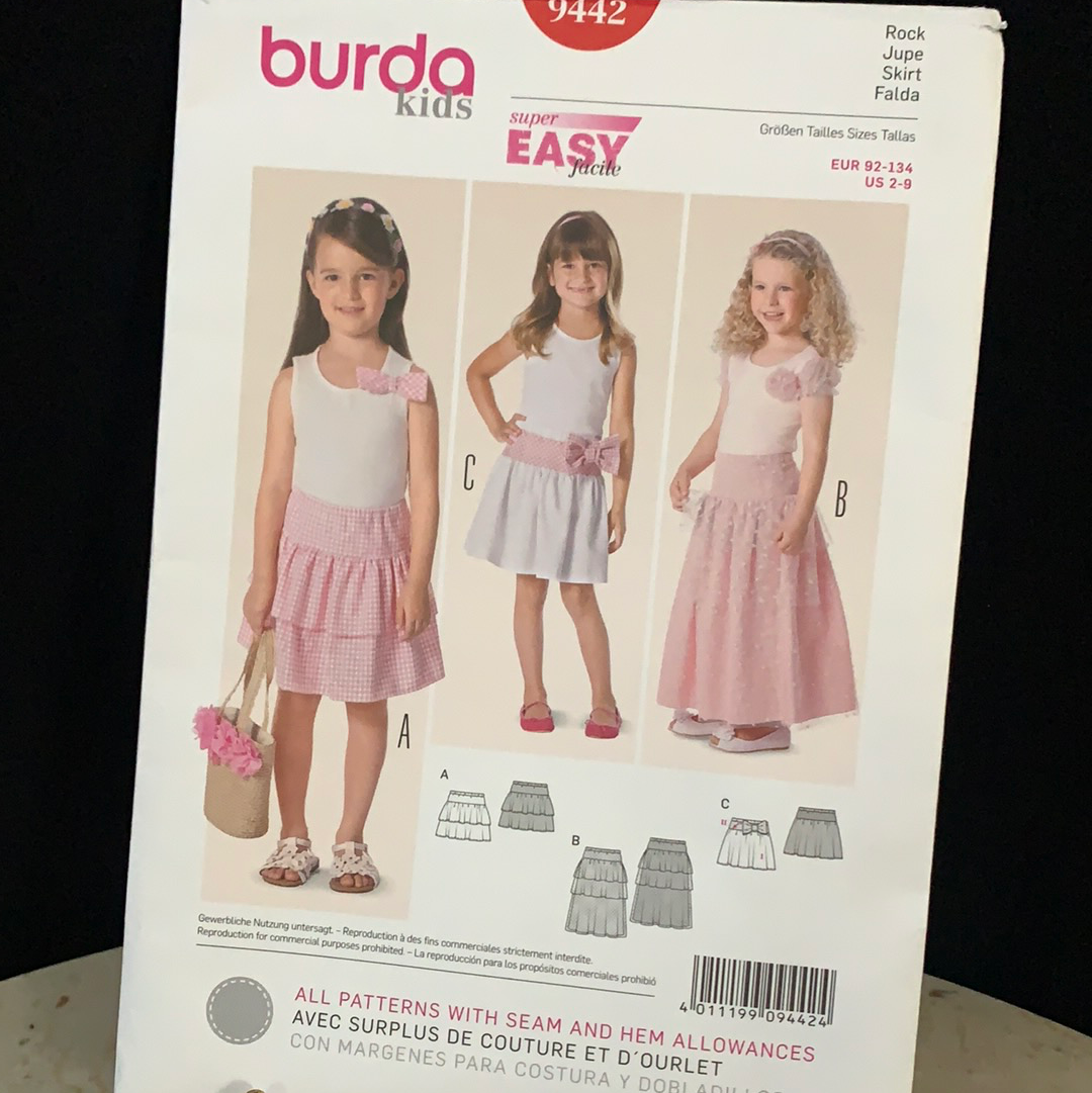 3 in 1 Kids Skirt Sewing Pattern Burda 9442 Tiered Skirt, Full Skirt, Ankle Length Skirt Pattern