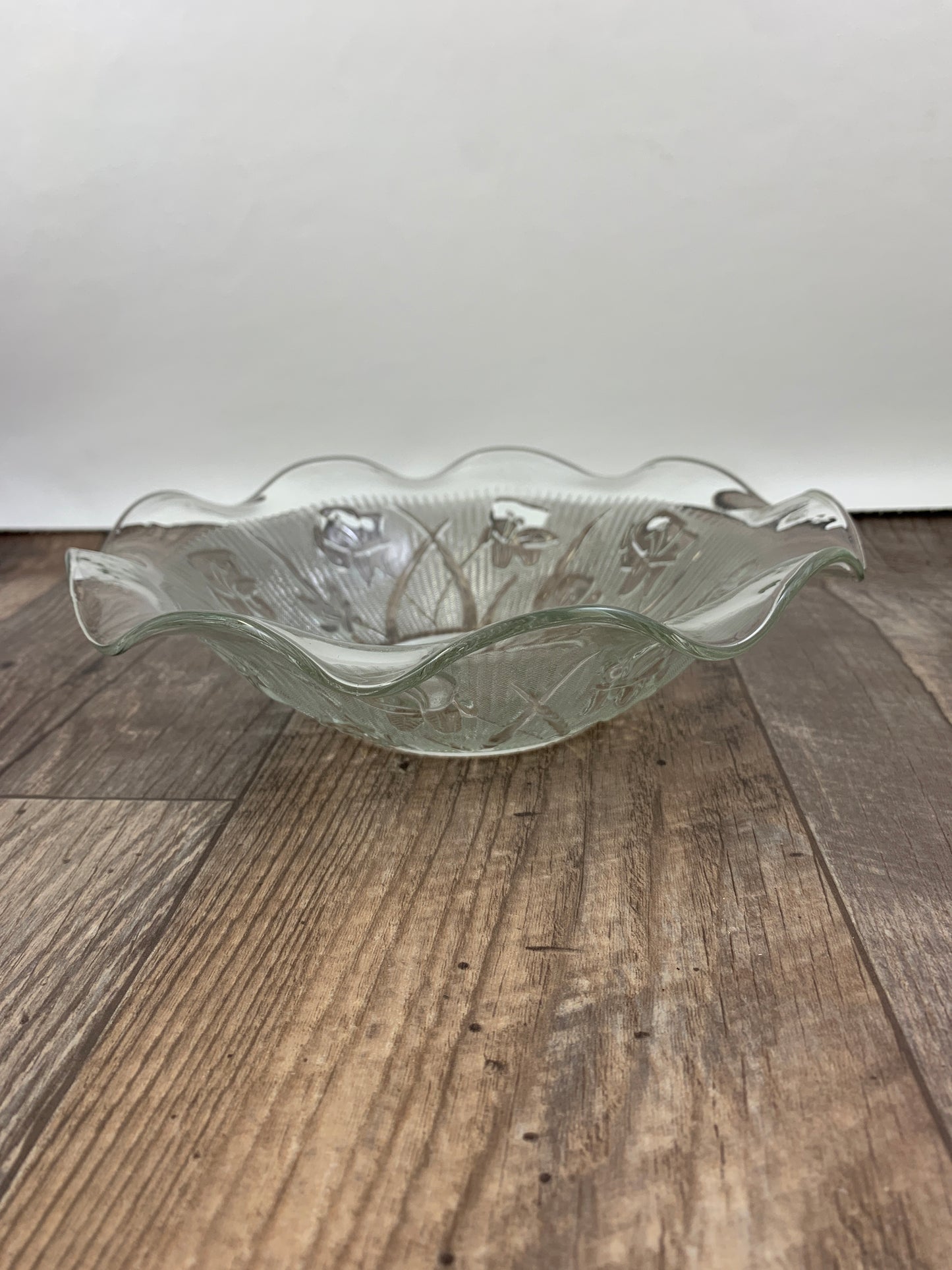 Clear Glass Vintage Serving Bowl Jeanette Glass Iris and Herringbone 9 3/4" Fluted Salad Bowl