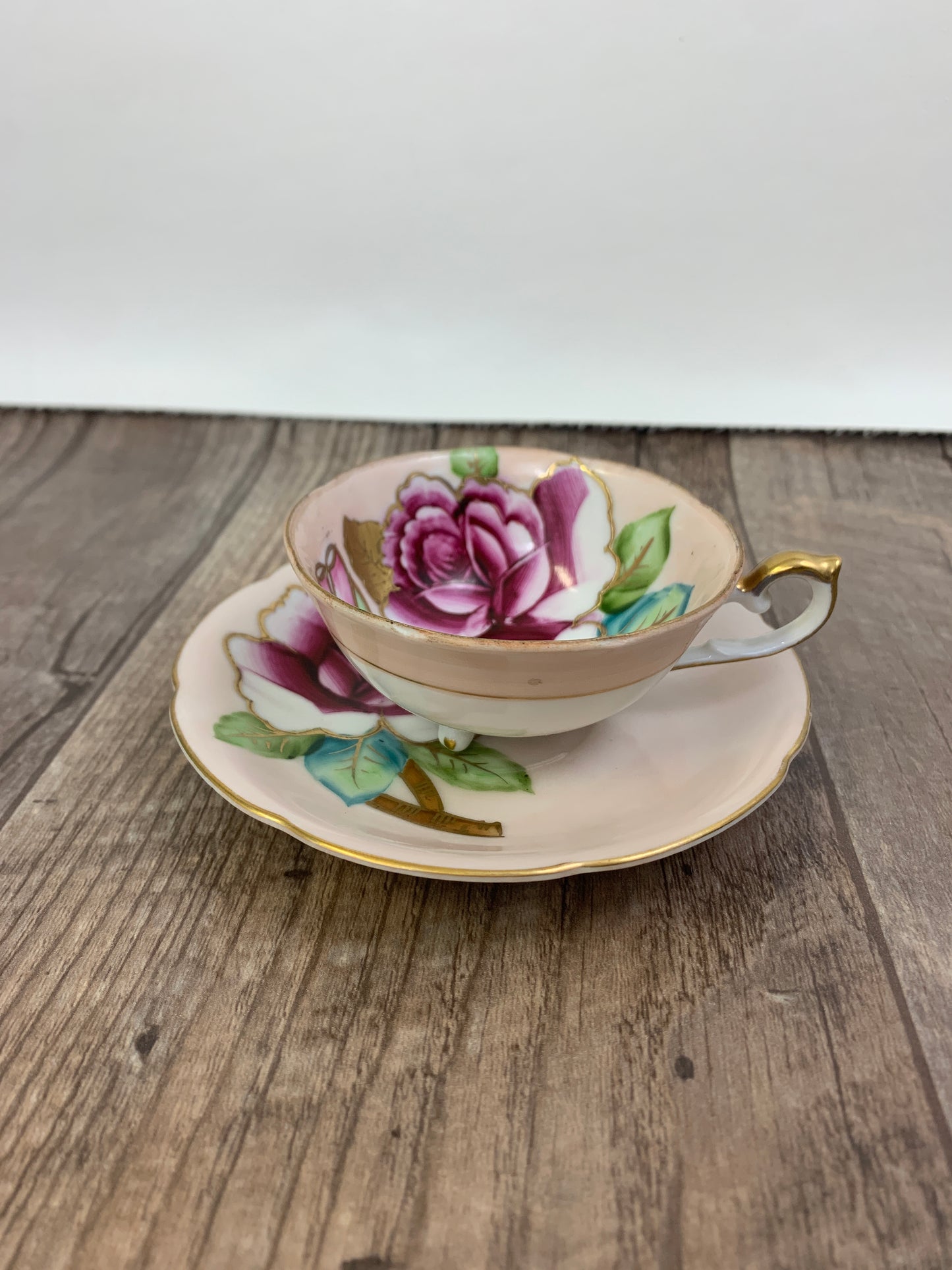 Trimont China Hand Painted Demi Tasse Cup Hand Painted Teacup and Saucer Hand Painted Pink Teacup