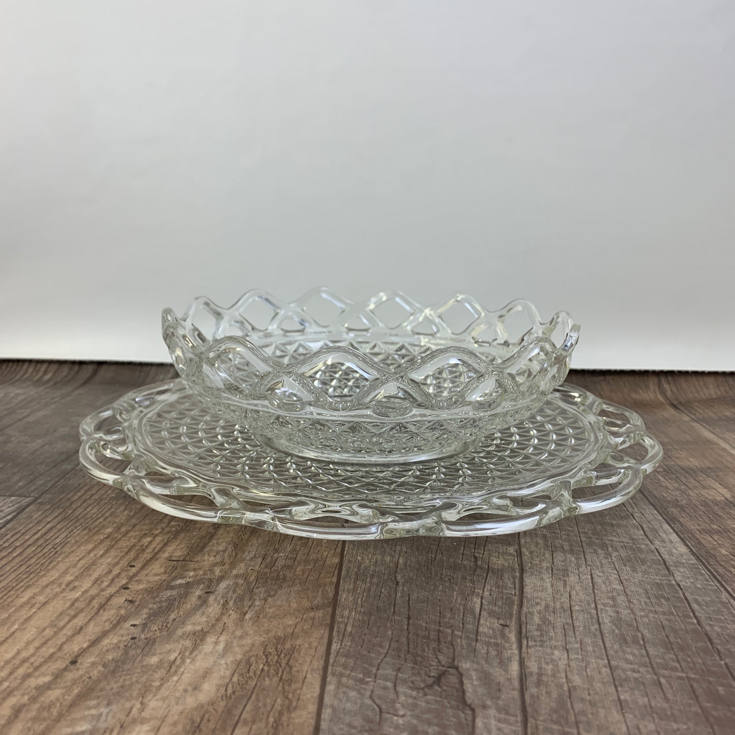 Vintage Laced Edge Depression Glass Bowl and Plate Katy Blue