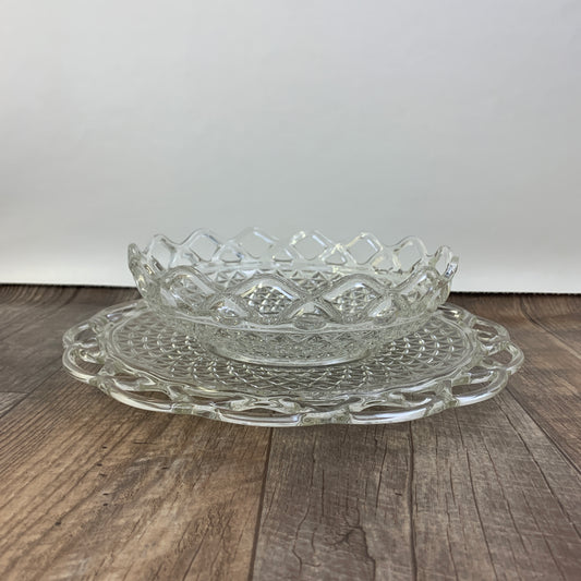 Vintage Laced Edge Depression Glass Bowl and Under Plate