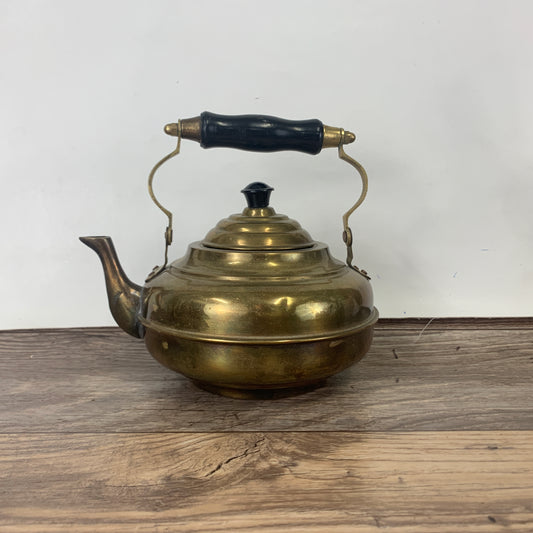 Vintage Brass Coloured Kettle with Wooden Handle