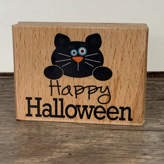 Happy Halloween Black Cat Wood Mounted Rubber Stamp