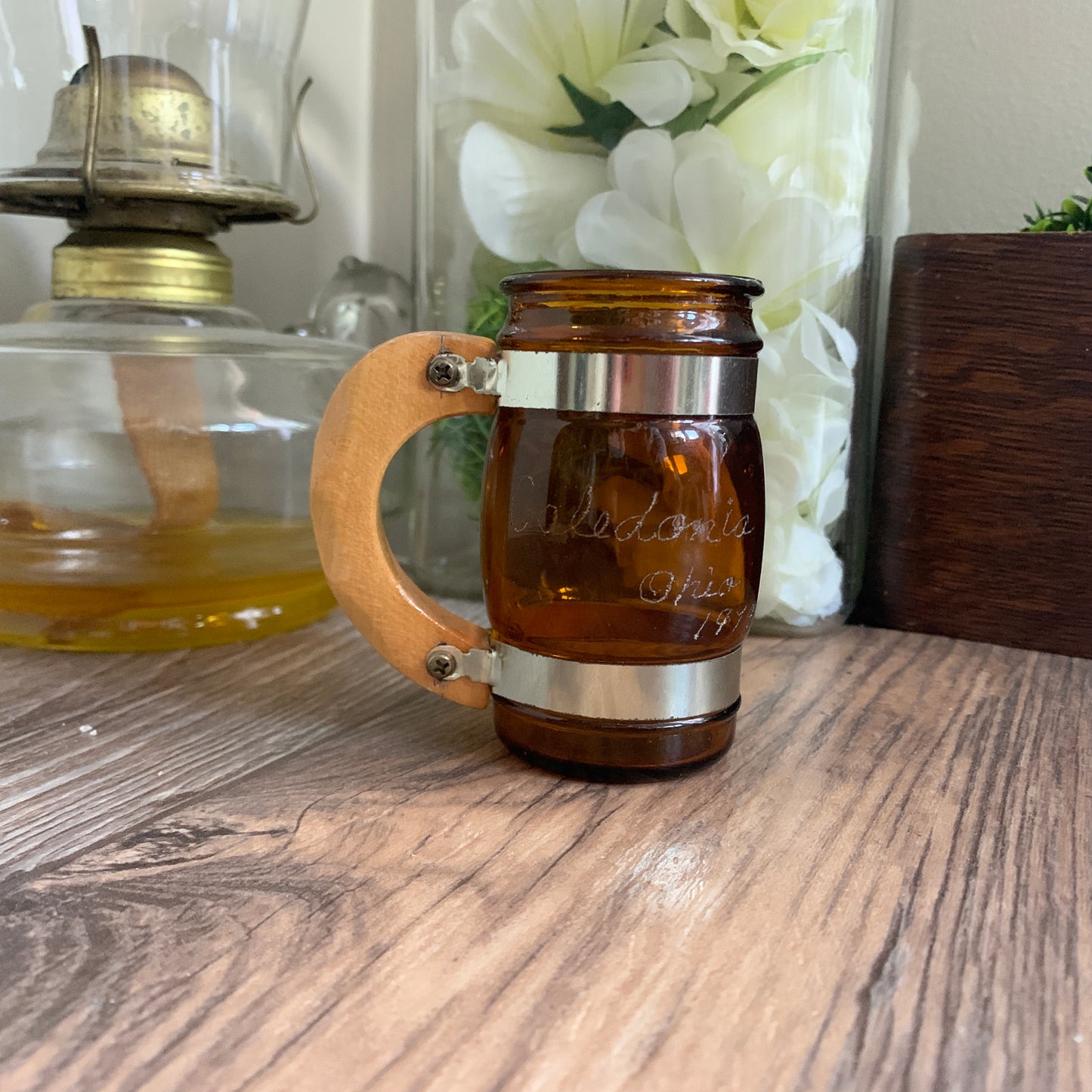 Miniature Beer Mug Travel Souvenir Caledonia, Ohio 1979 Amber Glass Wood Handle Tiny Beer Mug