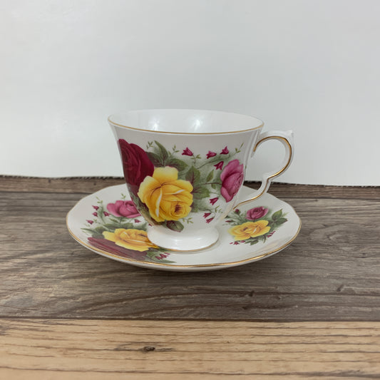 Queen Anne Vintage Teacup with Red, Yellow, and Pink Roses