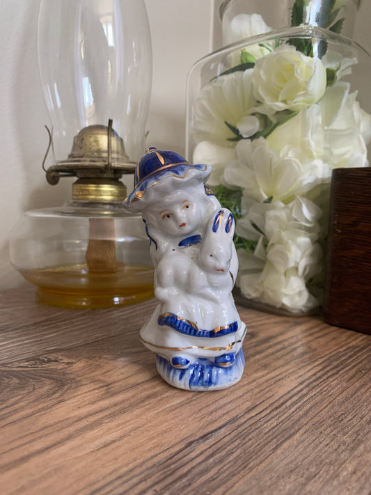 Blue and White Girl with Bunny Small Statuette Vintage Porcelain Figurine
