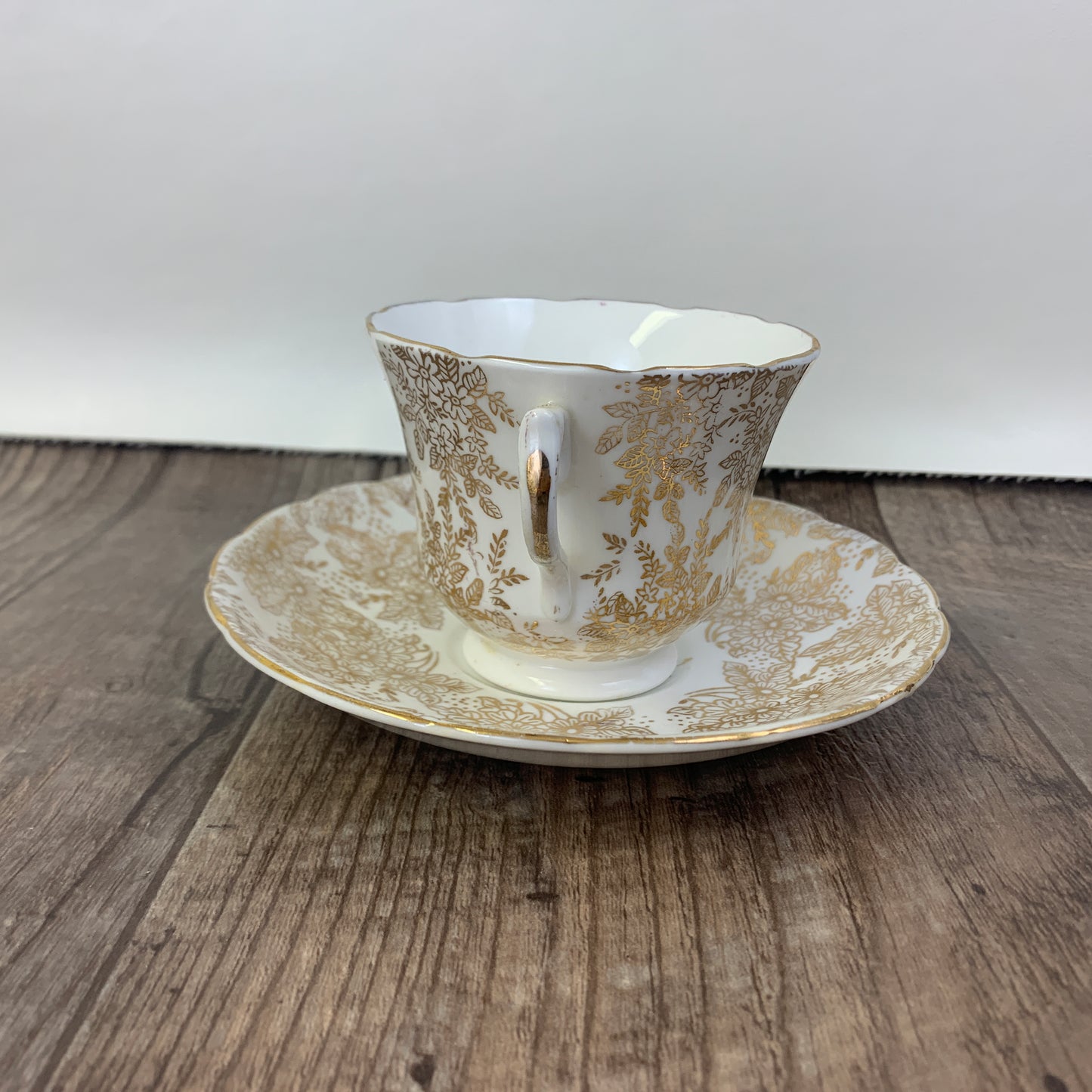 White and Gold Floral Teacup Royal Vale Vintage Tea Cup and Saucer