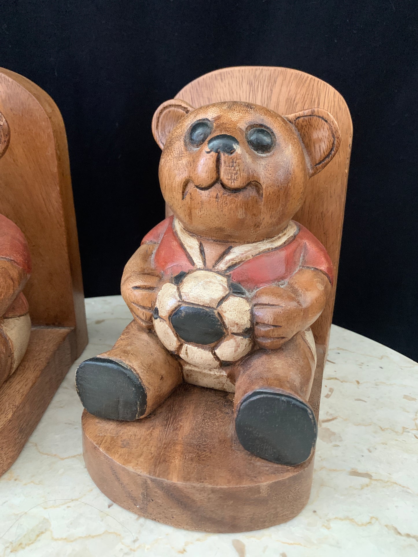 Vintage Wooden Bookends Bear with Soccer Ball